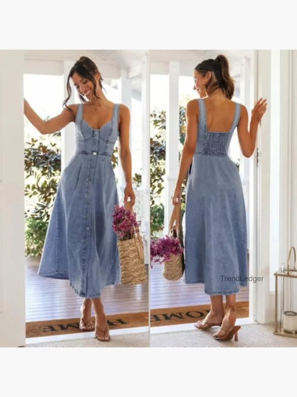 Sleeveless Button Down Slim Fit Midi Jean Dress A-Line - Picture 2 of 7